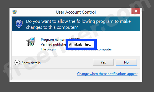 Screenshot where AhnLab, Inc. appears as the verified publisher in the UAC dialog
